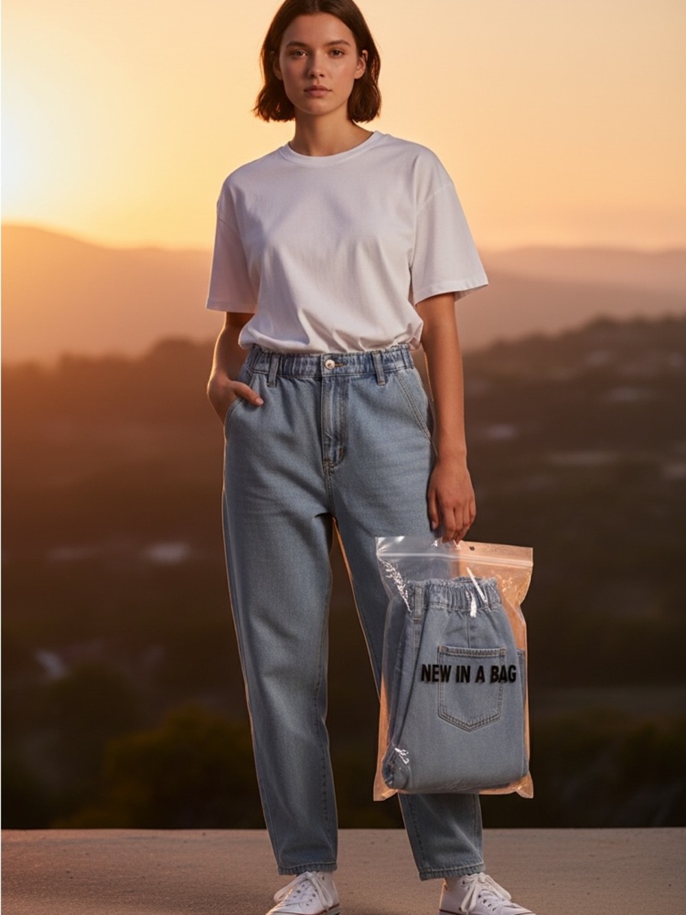 NWT SHEIN Light Blue Boyfriend Jeans with Paperbag Waist